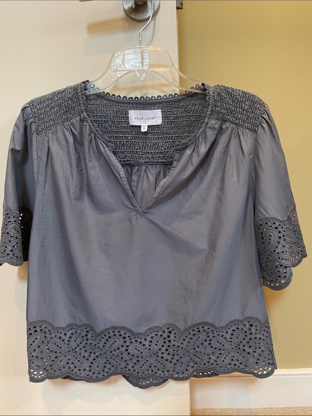 Dear John Charcoal Blue Eyelet Smocked Neck Peasant Blouse